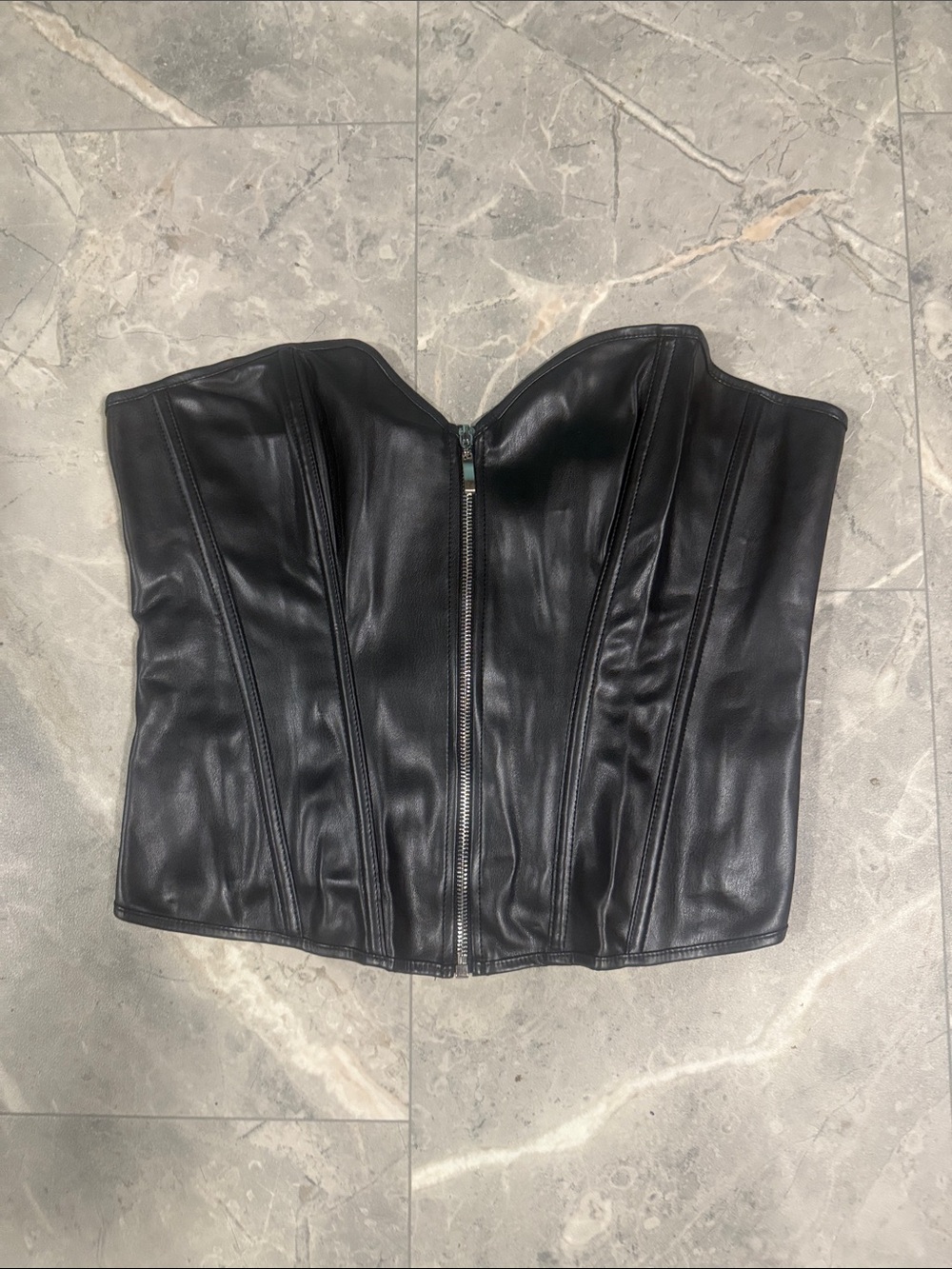 Black Faux Leather Strapless Corset Zip-Front Top